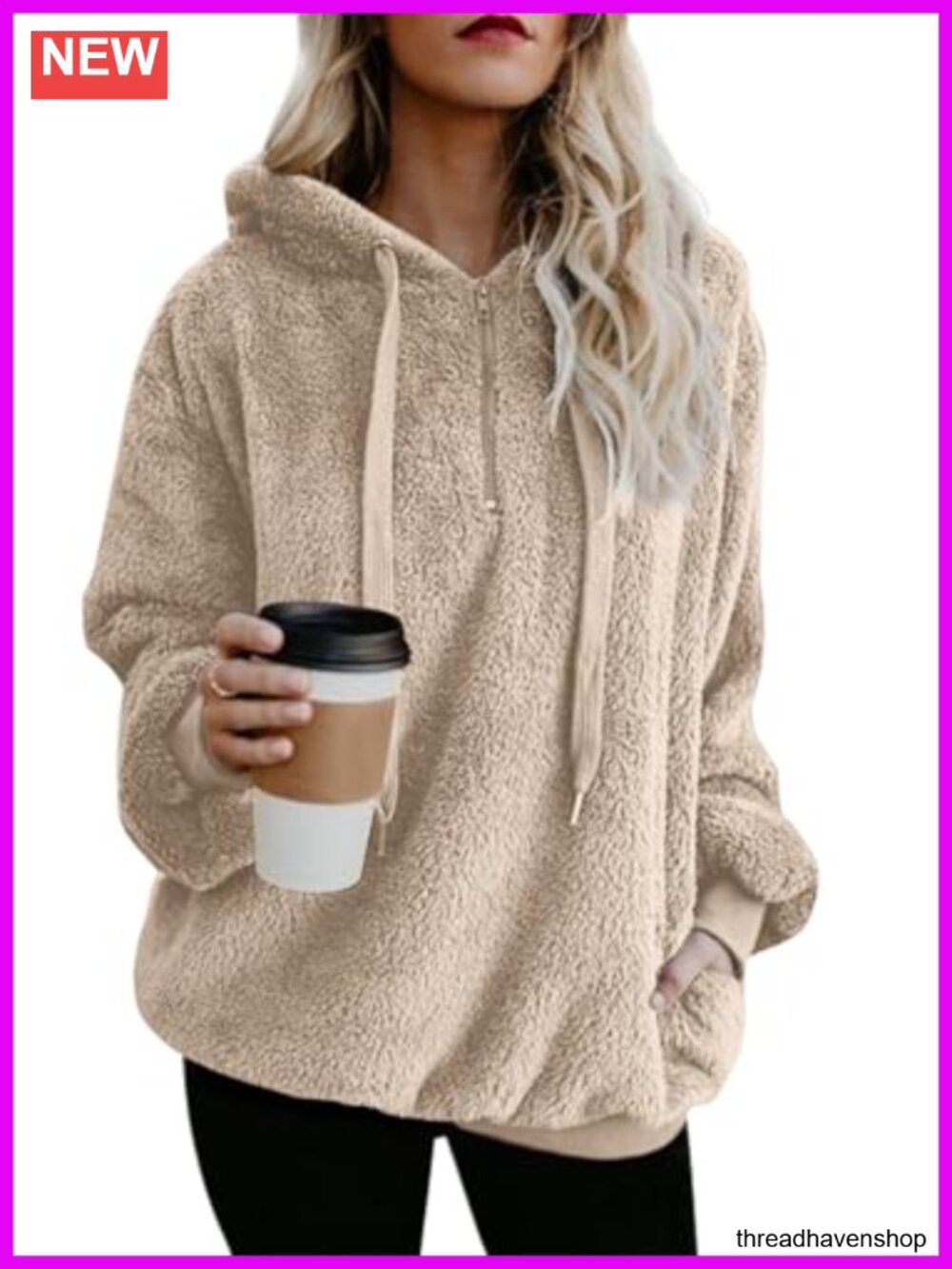 Women's Fuzzy Fleece Oversized Sherpa Jacket Half Zip Pullover Sweater Faux Fur